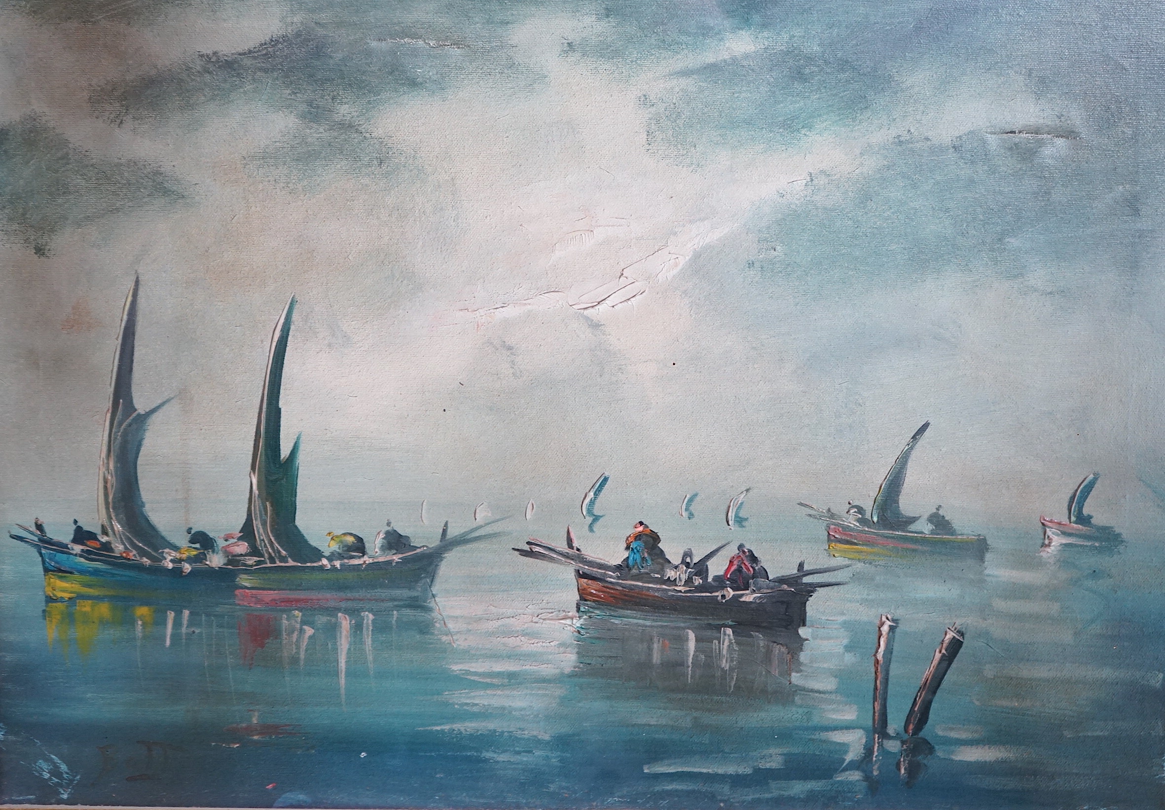 Emil Bott, oil on canvas, Fishing boats on a calm sea, initialled, 49 x 68cm. Condition - rip to the canvas upper right corner